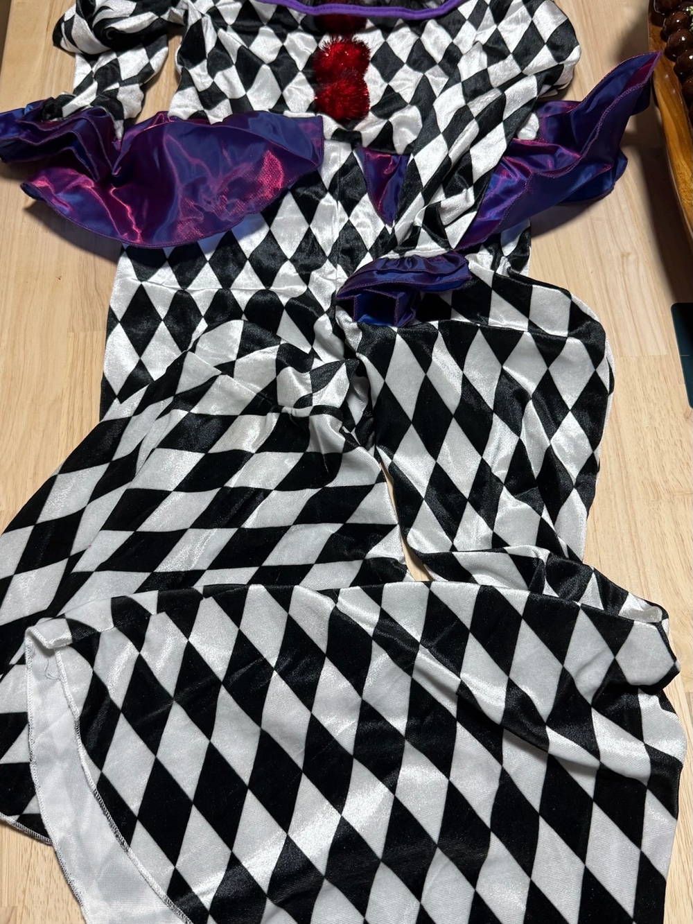 Spirit Black, White & Purple Harlequin Jester Costume with Red Pom